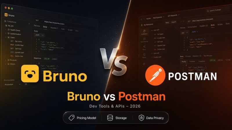 Bruno vs Postman comparison artwork displaying API testing tool logos facing off