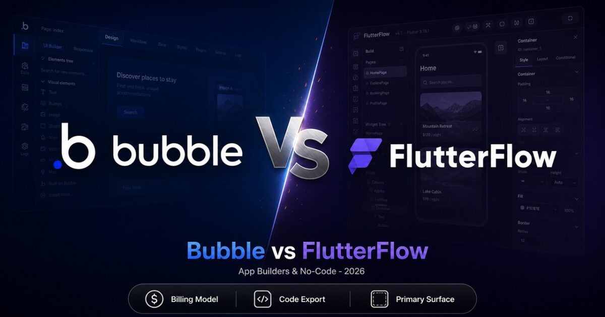 Bubble vs FlutterFlow matchup banner featuring product logos and comparison vectors