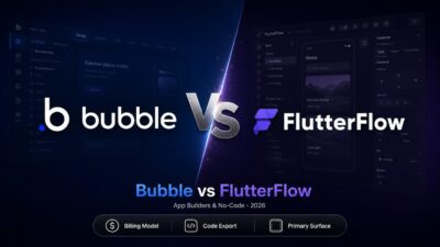 Bubble vs FlutterFlow matchup banner featuring product logos and comparison vectors