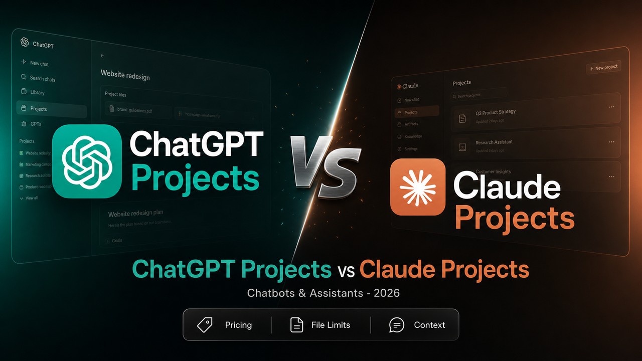 Stylized comparison artwork showing ChatGPT Projects and Claude Projects logos facing off in a dark-themed tech workspace, highlighting the keyphrase ChatGPT Projects vs Claude Projects.
