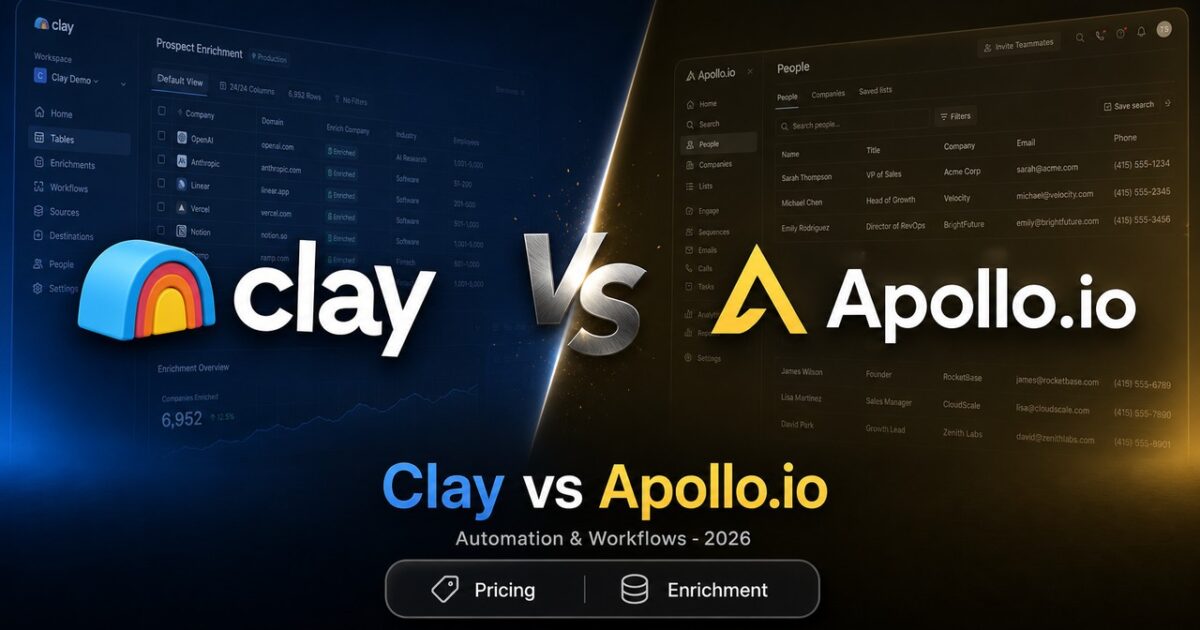 A stylized comparison cover artwork showing the Clay and Apollo.io logos facing off for the ultimate outbound showdown.