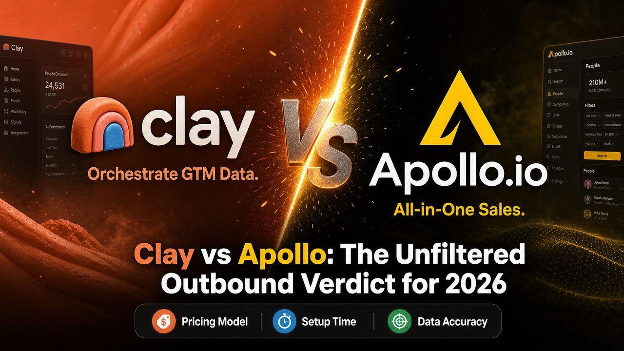 A stylized comparison cover artwork showing Clay and Apollo logos facing off for the ultimate Clay vs Apollo outbound showdown.