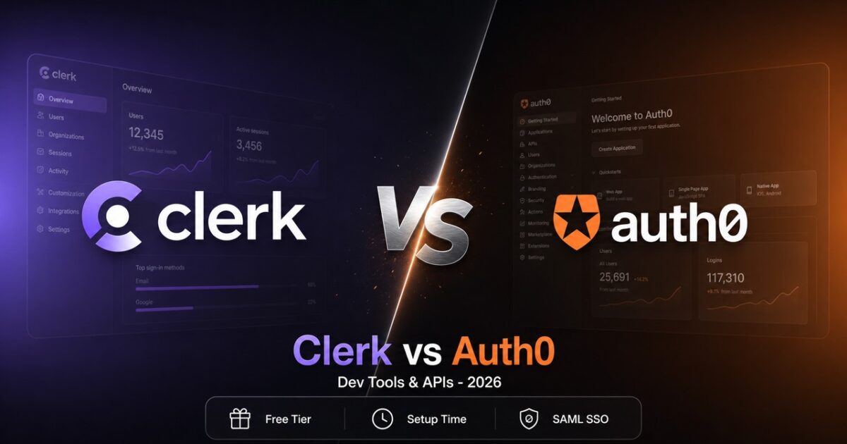 Clerk vs Auth0 comparison artwork showing the Clerk and Auth0 logos side-by-side with developer-focused security elements.