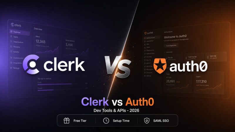 Clerk vs Auth0 comparison artwork showing the Clerk and Auth0 logos side-by-side with developer-focused security elements.