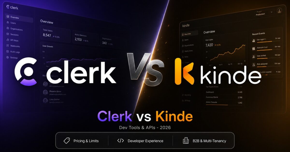 Stylized head-to-head matchup image for Clerk vs Kinde featuring official logos and software comparison layout.