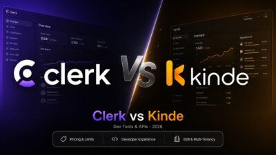 Stylized head-to-head matchup image for Clerk vs Kinde featuring official logos and software comparison layout.