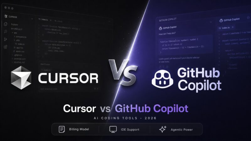 Stylized comparison cover artwork showing the logos of Cursor and GitHub Copilot facing off. Includes the focus keyphrase Cursor vs GitHub Copilot.