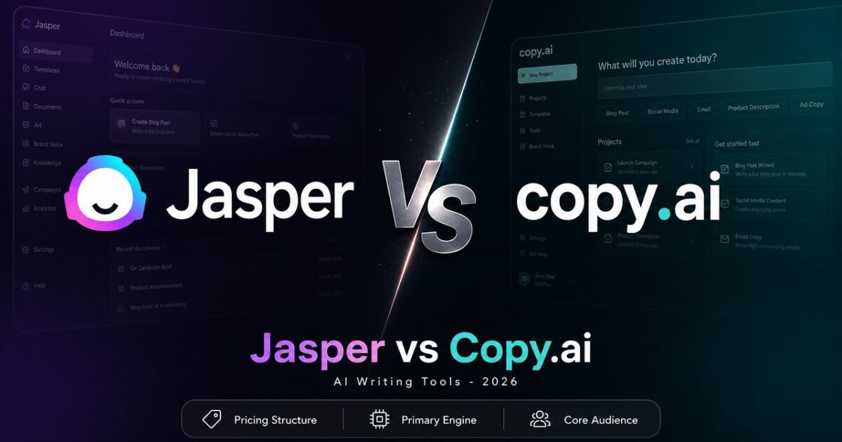 Stylized comparison card showing Jasper and Copy.ai logos facing off for the focus keyphrase Jasper vs Copy.ai.