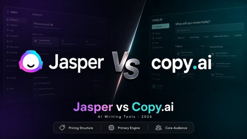 Stylized comparison card showing Jasper and Copy.ai logos facing off for the focus keyphrase Jasper vs Copy.ai.