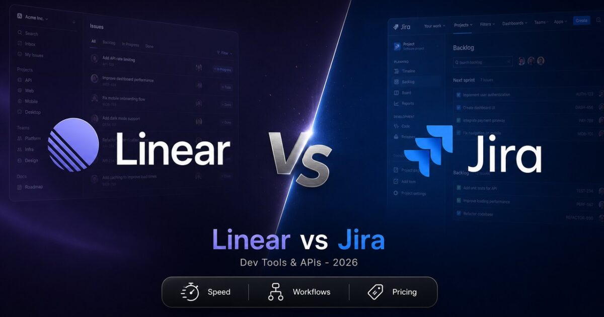 Linear vs Jira comparison cover showing the minimalist Linear logo facing off against the corporate Atlassian Jira logo in a high-tech interface style.