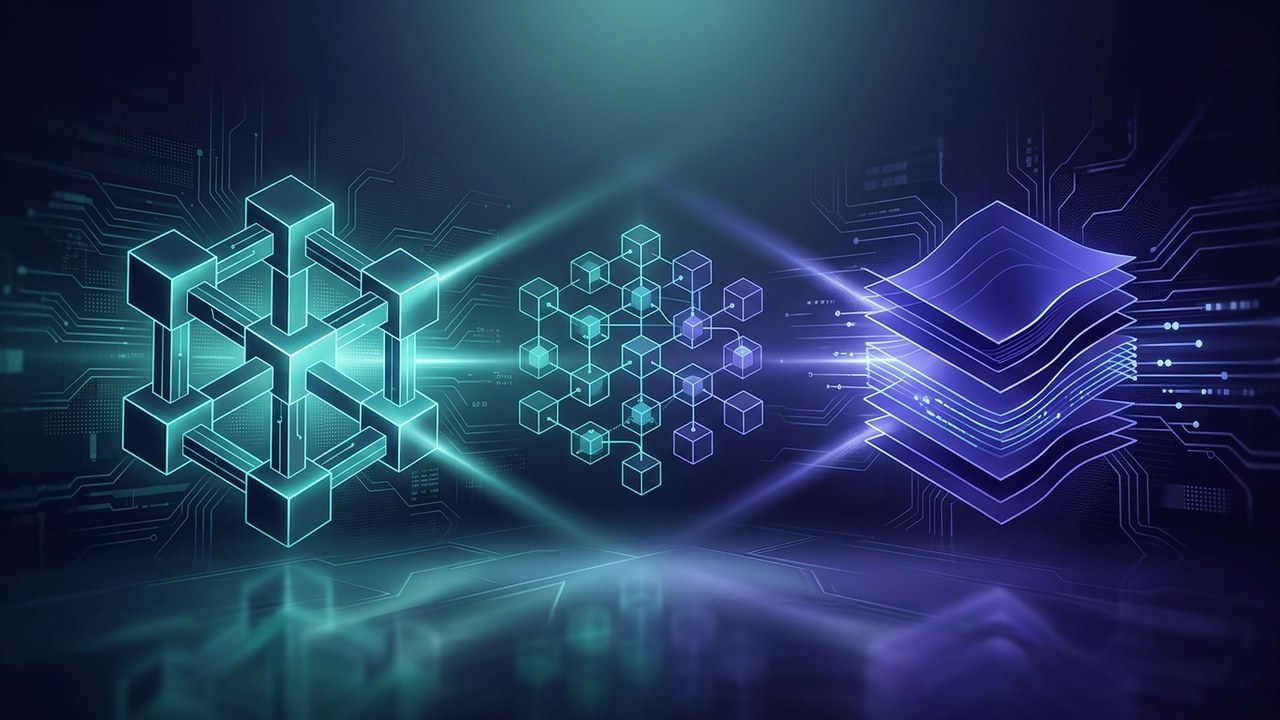 A bold conceptual illustration comparing Lovable vs Bolt.new vs v0 using glowing geometric structures on a dark indigo and teal background.