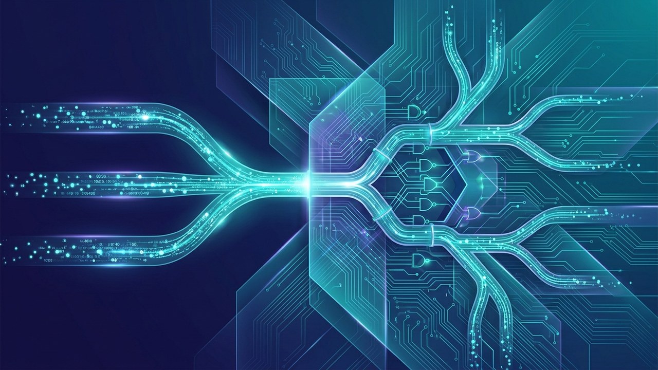 A stylized decision fork showing three digital data streams merging, representing Lovable vs Bolt.new vs v0.