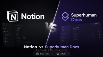 A stylized comparison cover artwork showing Notion and Superhuman Docs logos facing off for the ultimate workspace matchup.