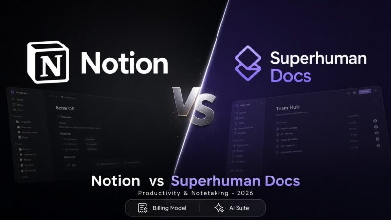 A stylized comparison cover artwork showing Notion and Superhuman Docs logos facing off for the ultimate workspace matchup.