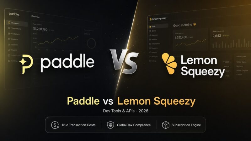 Paddle vs Lemon Squeezy comparison artwork displaying merchant of record payment processing tools