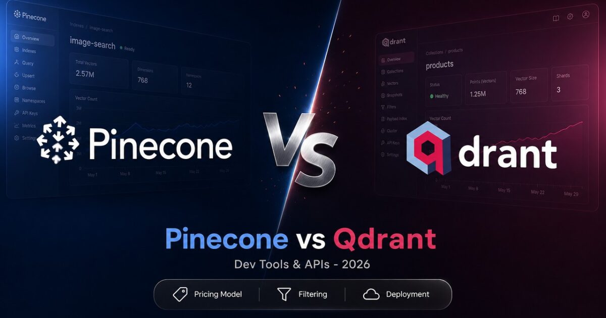 Pinecone vs Qdrant vector database comparison artwork showing pricing and architecture face-off.