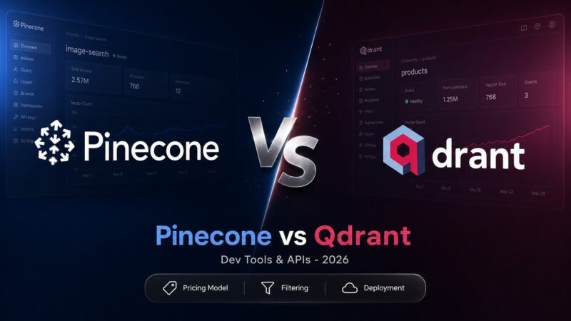 Pinecone vs Qdrant vector database comparison artwork showing pricing and architecture face-off.