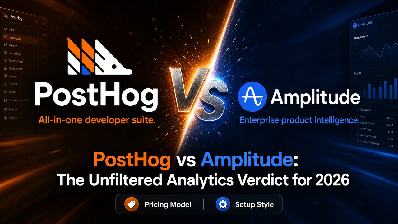 PostHog vs Amplitude logo face-off on a dark background showcasing product analytics tools.