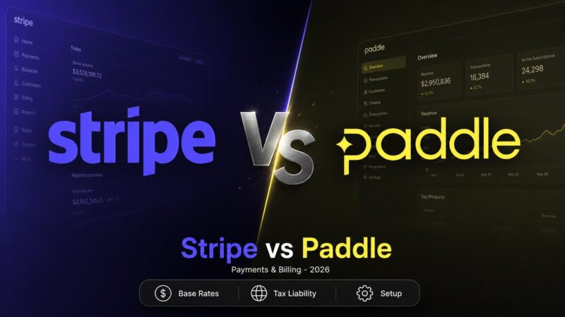 Stripe vs Paddle 2026 SaaS billing comparison artwork featuring both logos side by side