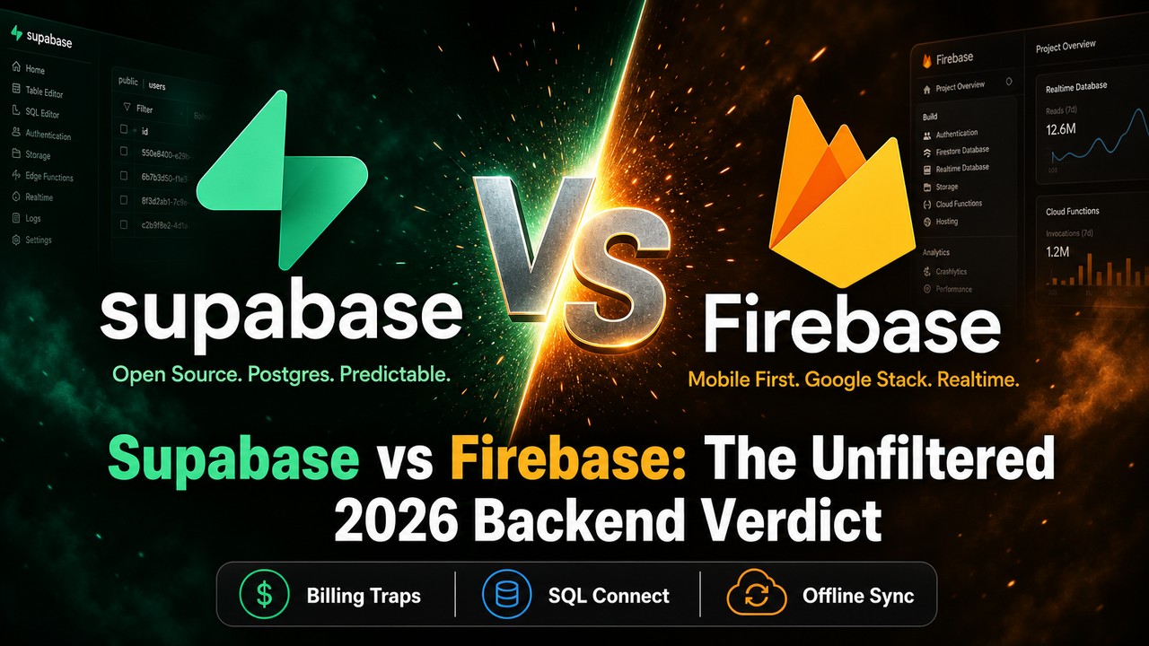 A stylized comparison cover artwork showing the Supabase and Firebase logos facing off for the Supabase vs Firebase matchup.
