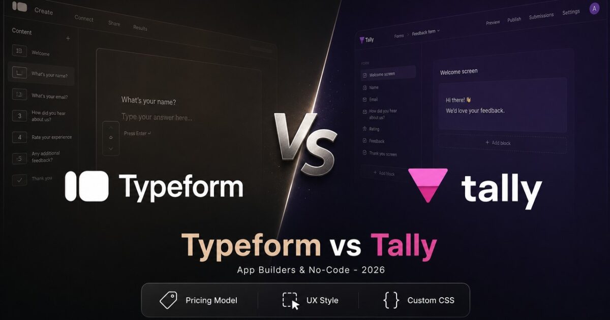 A stylized comparison cover artwork showing the Typeform and Tally logos facing off for the ultimate form builder matchup.