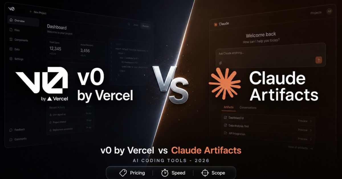 Stylized comparison cover artwork showing v0 by Vercel and Claude Artifacts facing off, illustrating the keyphrase v0 vs Claude Artifacts.