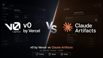Stylized comparison cover artwork showing v0 by Vercel and Claude Artifacts facing off, illustrating the keyphrase v0 vs Claude Artifacts.