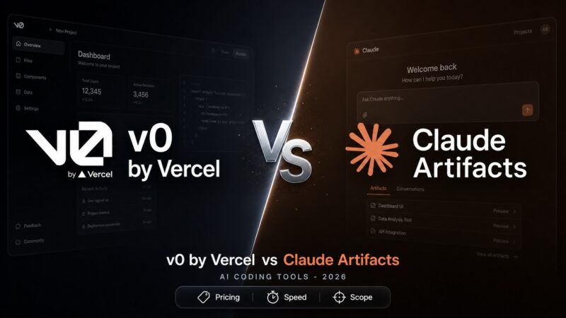Stylized comparison cover artwork showing v0 by Vercel and Claude Artifacts facing off, illustrating the keyphrase v0 vs Claude Artifacts.