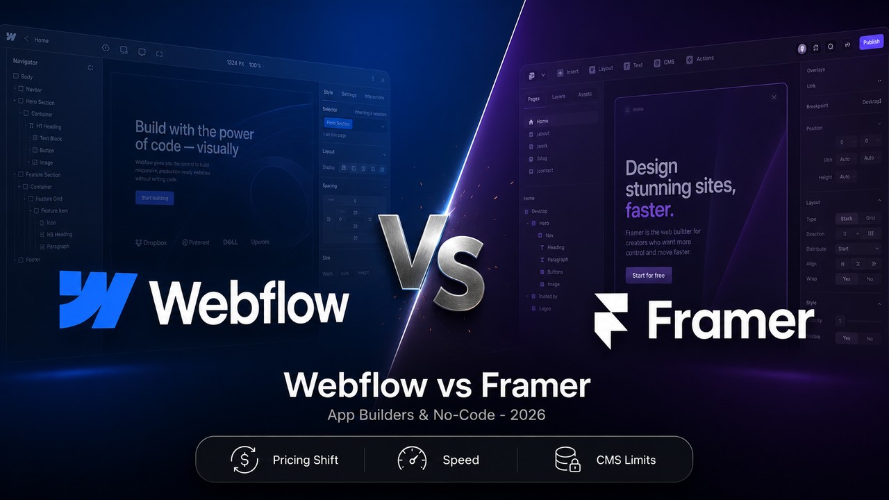 Stylized comparison cover artwork showing Webflow and Framer logos facing off, with the text Webflow vs Framer.