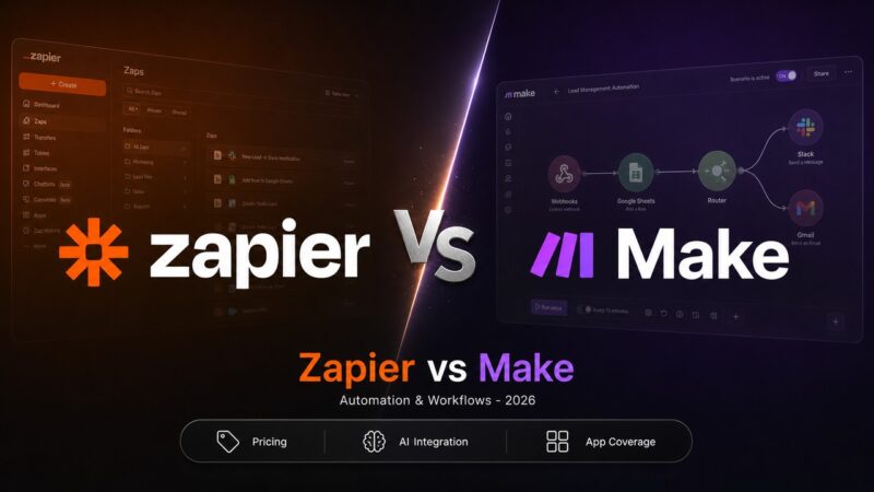 A stylized comparison cover artwork showing the logos of Zapier and Make facing off, highlighting the keyphrase Zapier vs Make.
