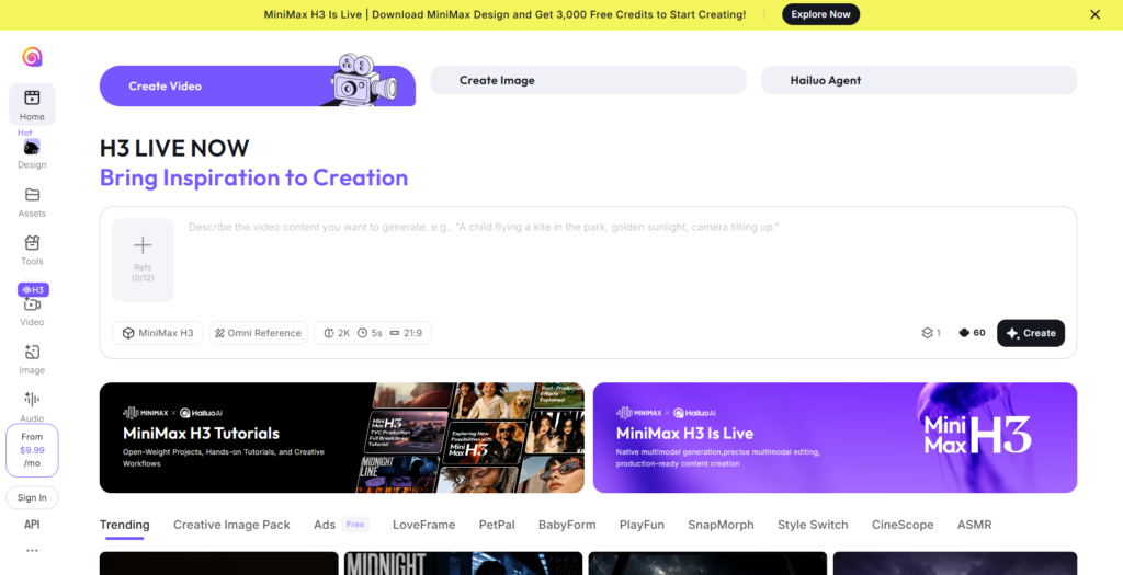 Hailuo AI video creation screen with prompt box, MiniMax H3 model selected, and 2K, 5-second, 21:9 output settings showing a 60-credit cost