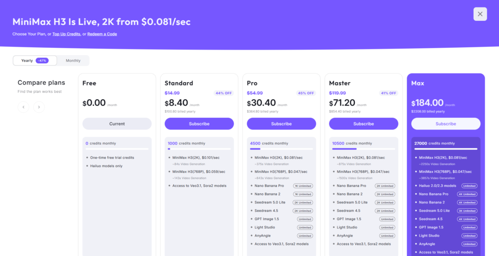 Hailuo AI pricing table comparing Free, Standard, Pro, Master and Max plans with yearly discounts and per-second MiniMax H3 rates