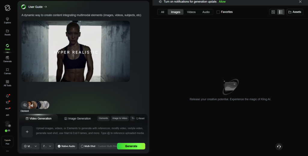 Kling AI Omni workspace showing the video generation panel with Elements, Native Audio and Multi-Shot controls beside an empty asset library
