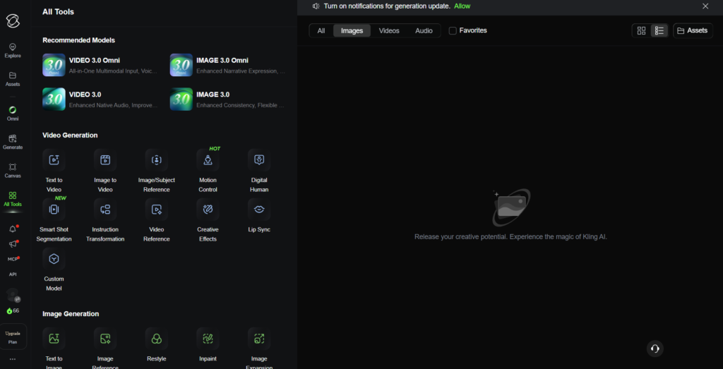 Kling AI All Tools panel listing Video 3.0 Omni and Image 3.0 models above tools including Motion Control, Digital Human, Lip Sync and Smart Shot Segmentation