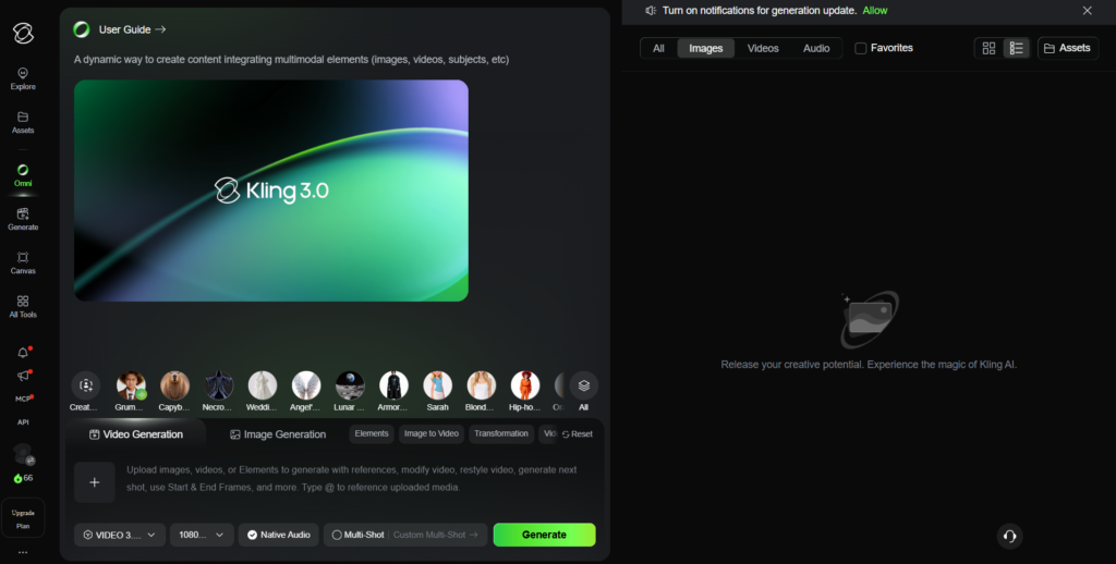 Kling AI generation panel with Kling 3.0 selected, a row of reusable character reference thumbnails, and 1080p output with Native Audio enabled