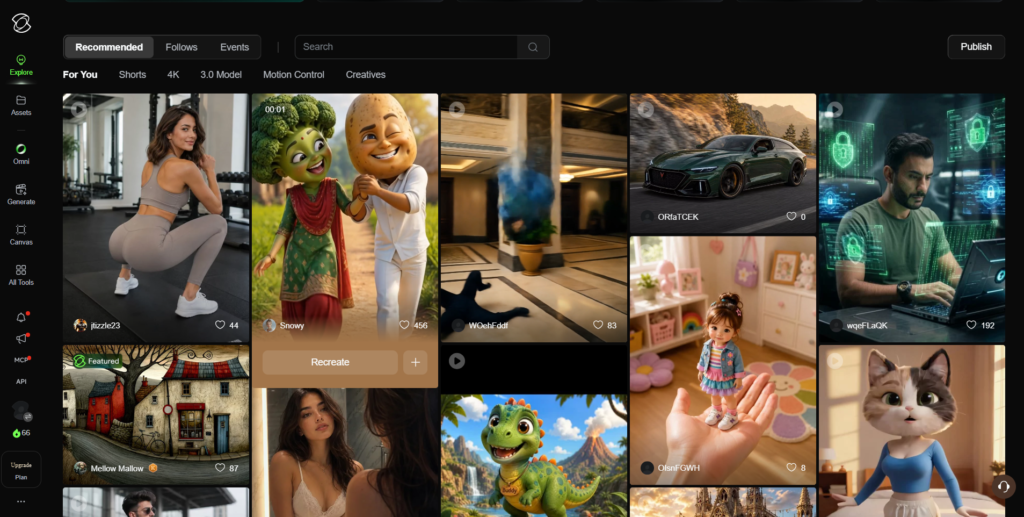 Kling AI Explore feed showing a grid of community-generated videos with creator names and like counts