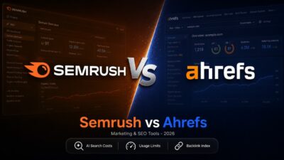Ahrefs vs Semrush comparison cover card showing tool logos facing off