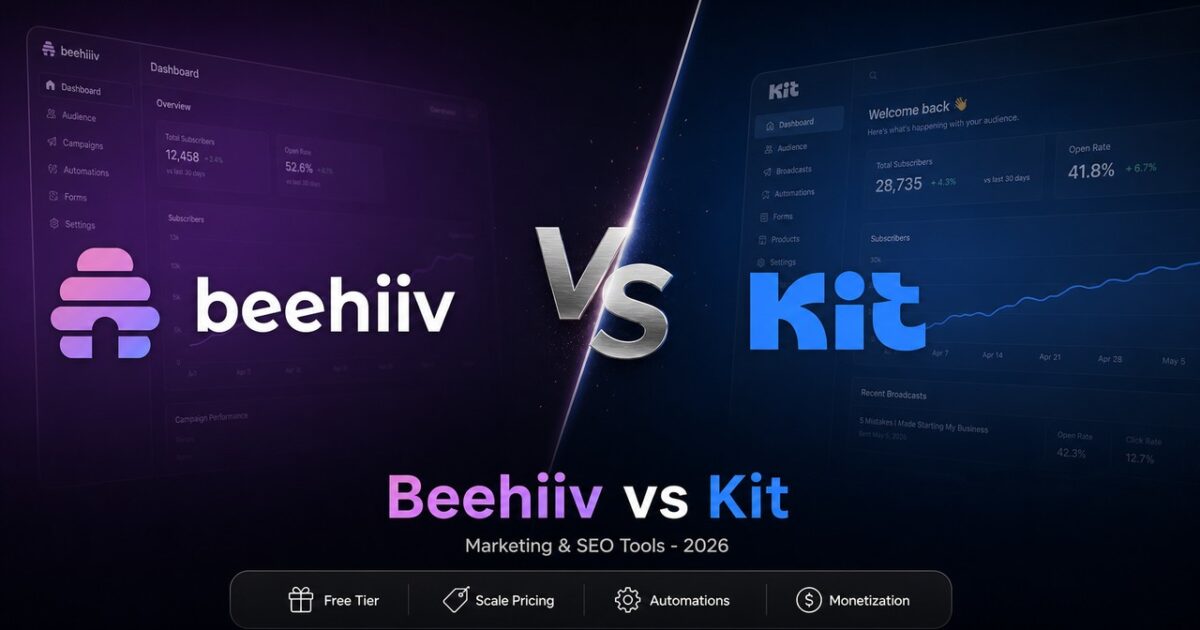 Beehiiv vs Kit comparison card showing logos and key creator email marketing features