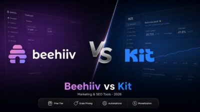 Beehiiv vs Kit comparison card showing logos and key creator email marketing features