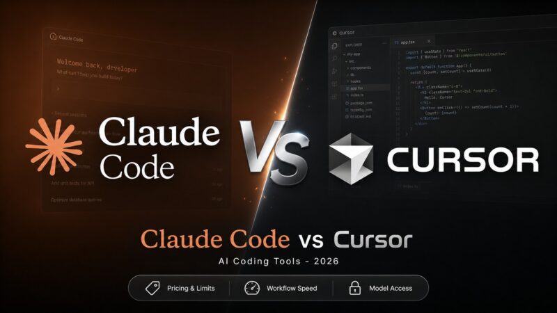 Stylized comparison graphic showing Claude Code terminal interface versus Cursor AI IDE workspace