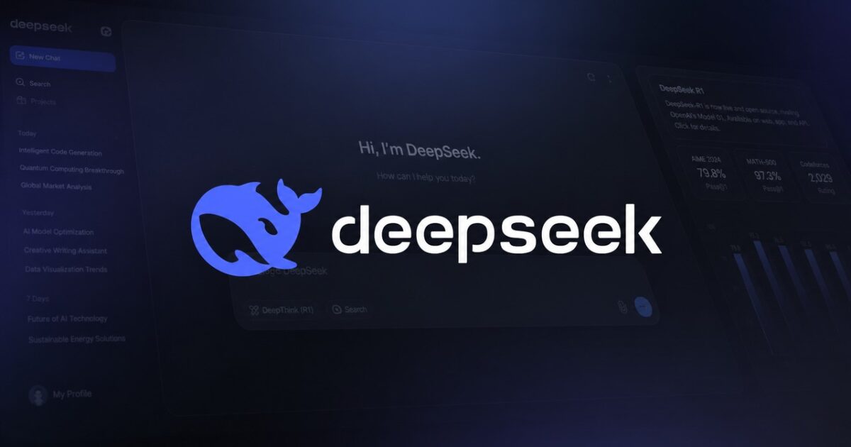 DeepSeek official logo and brand assets on a technical profile cover exploring pricing, data residency, and access rules