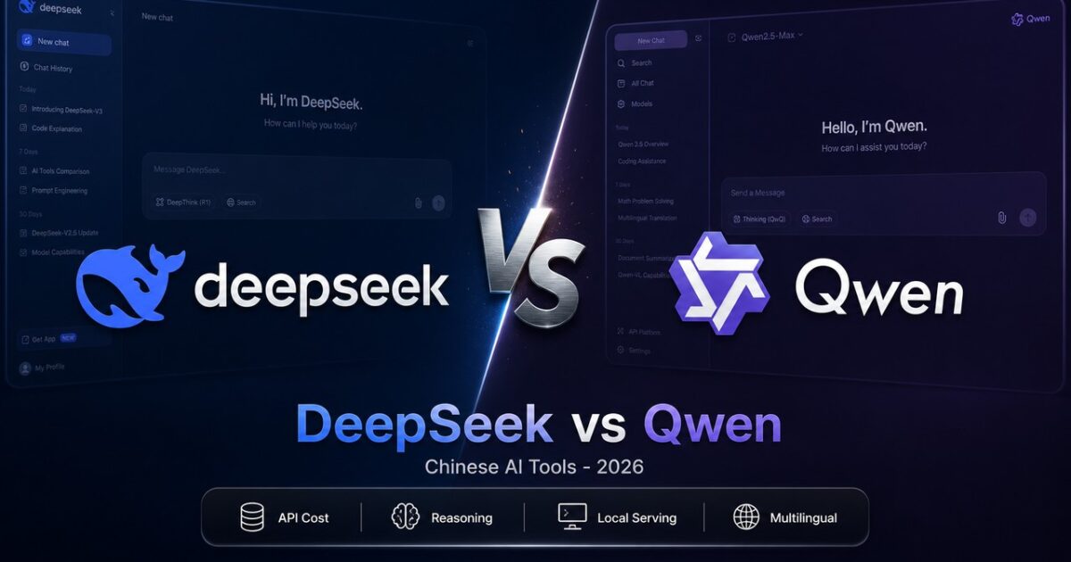 DeepSeek vs Qwen comparison cover showing the logos of DeepSeek and Alibaba Qwen facing off on a dark background.