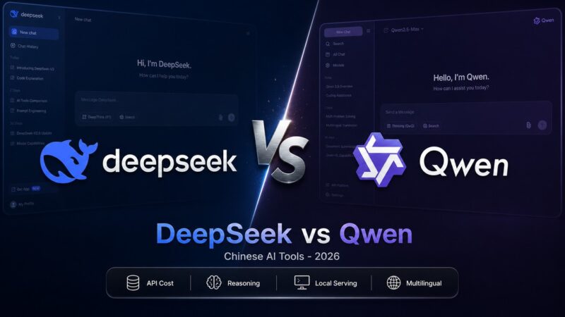 DeepSeek vs Qwen comparison cover showing the logos of DeepSeek and Alibaba Qwen facing off on a dark background.