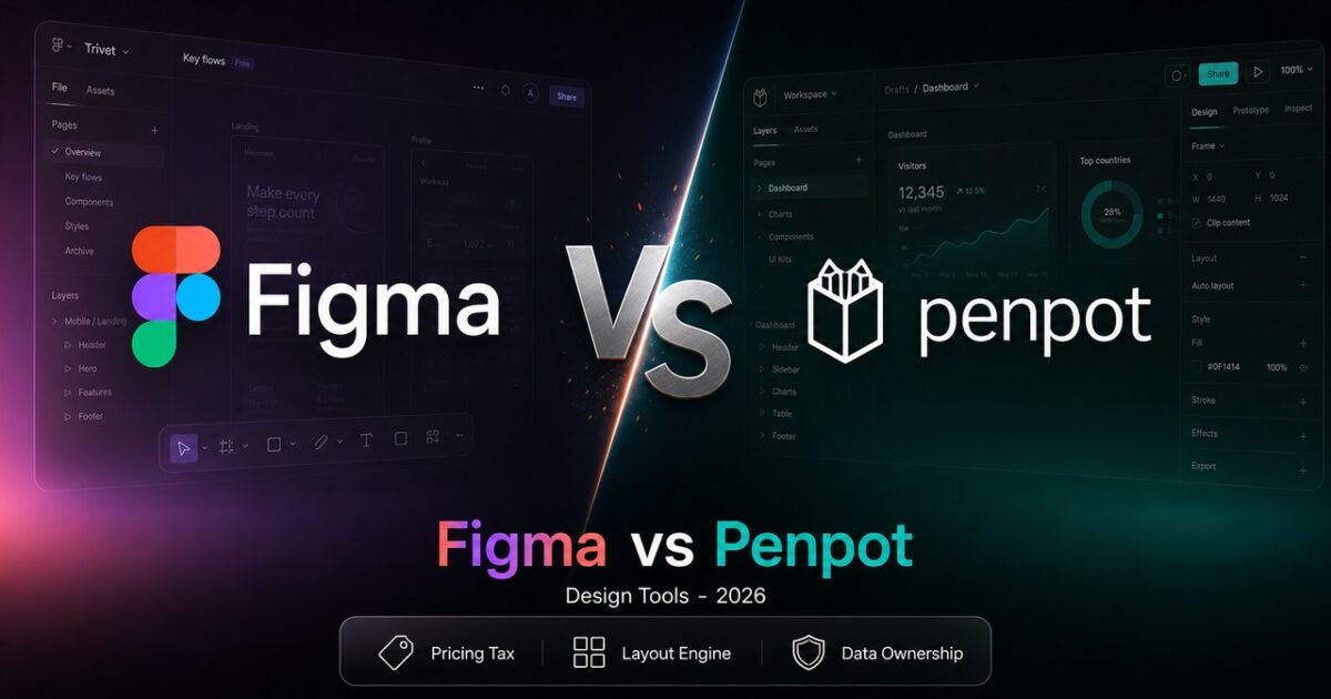 Stylized comparison artwork showing Figma and Penpot logos facing off with key feature badges