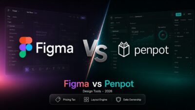 Stylized comparison artwork showing Figma and Penpot logos facing off with key feature badges
