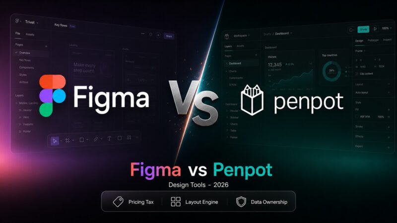 Stylized comparison artwork showing Figma and Penpot logos facing off with key feature badges
