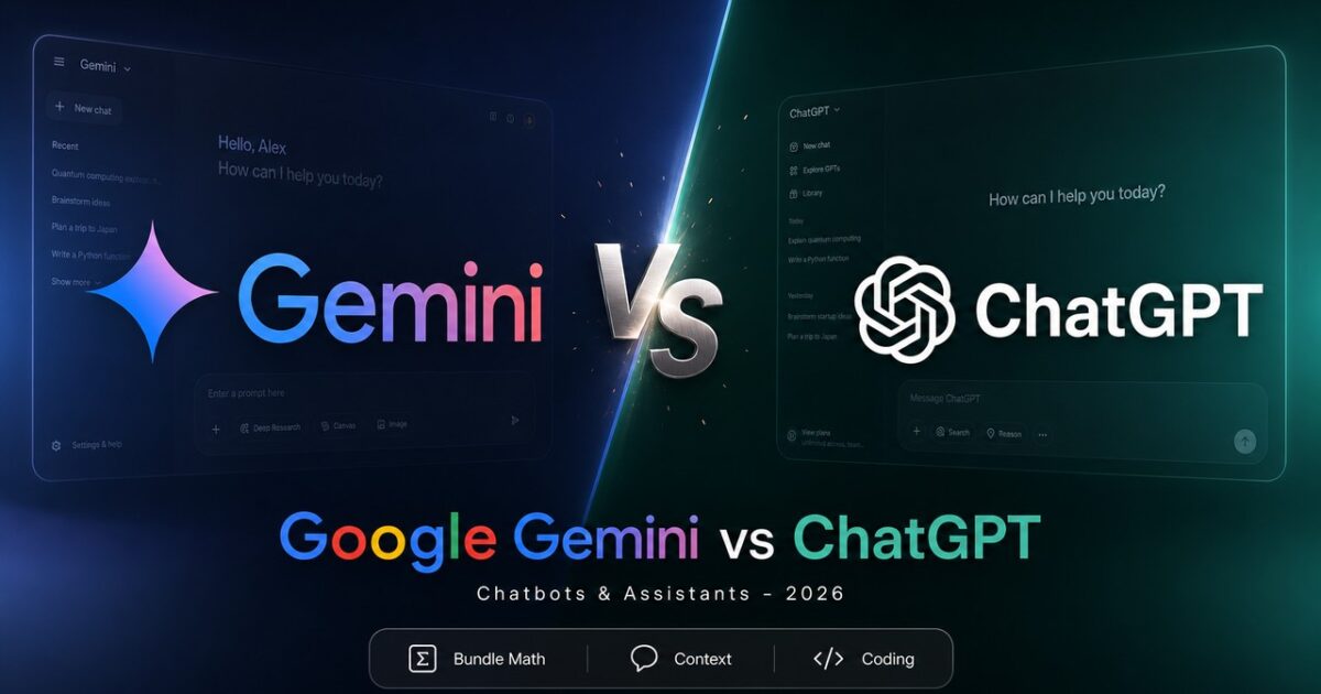 Stylized comparison artwork displaying Google Gemini and OpenAI ChatGPT logos facing off for the Gemini vs ChatGPT 2026 showdown