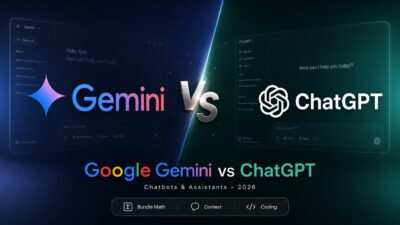 Stylized comparison artwork displaying Google Gemini and OpenAI ChatGPT logos facing off for the Gemini vs ChatGPT 2026 showdown