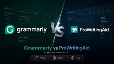 Stylized comparison artwork of Grammarly vs ProWritingAid showing both logos and key decision criteria.