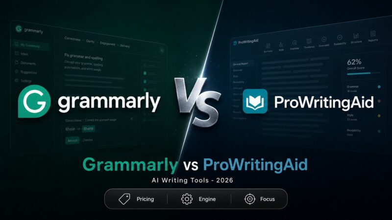 Stylized comparison artwork of Grammarly vs ProWritingAid showing both logos and key decision criteria.